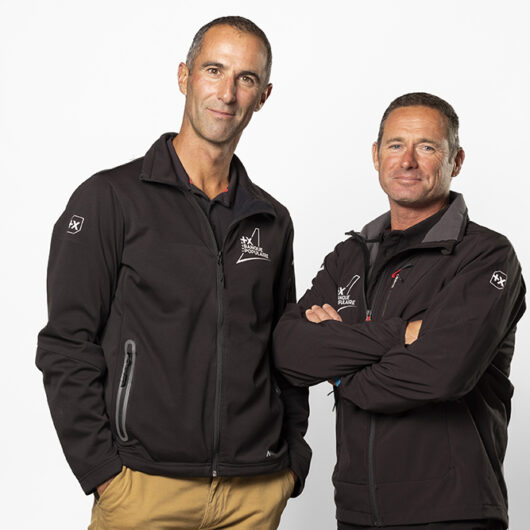 LORIENT, FRANCE - SEPTEMBER 19: Ultim Banque Populaire XI, skippers Armel Le Cleac'h and Sebastien Josse are portraited during the official shooting for the Transat Jacques Vabre,in Lorient, France, on September 19, 2023. (Photo by Jean-Marie Liot / Alea)