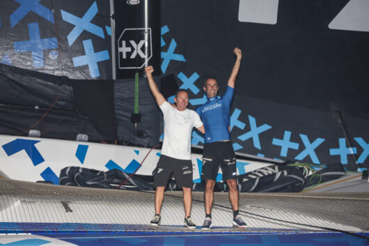 FORT DE FRANCE, MARTINIQUE - NOVEMBER 12 : Ultim category winner Banque Populaire XI, skippers Armel Le Cleac'h and Sebastien Josse, after 14j 10h 14mn 50sec, is pictured during arrivals of the Transat Jacques Vabre in Fort de France, Martinique, on November 12, 2023. (photo by Jean-Marie Liot / Alea)