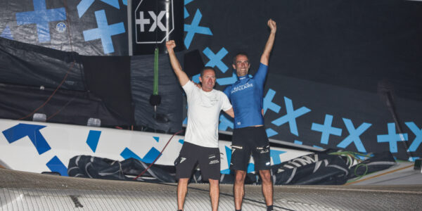 FORT DE FRANCE, MARTINIQUE - NOVEMBER 12 : Ultim category winner Banque Populaire XI, skippers Armel Le Cleac'h and Sebastien Josse, after 14j 10h 14mn 50sec, is pictured during arrivals of the Transat Jacques Vabre in Fort de France, Martinique, on November 12, 2023. (photo by Jean-Marie Liot / Alea)