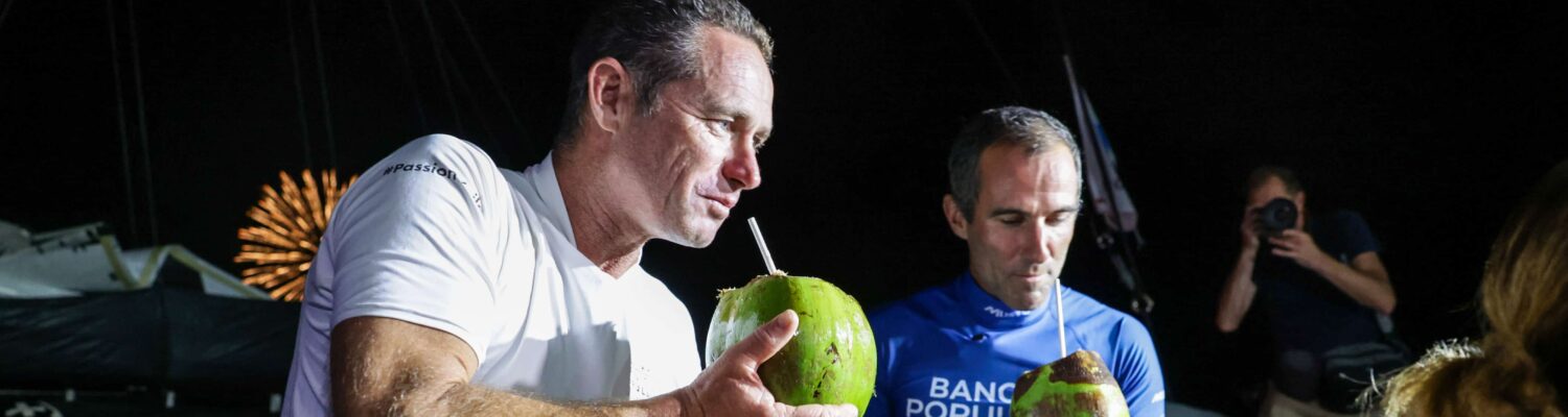 FORT DE FRANCE, MARTINIQUE - NOVEMBER 12 : Ultim category winner Banque Populaire XI, skippers Armel Le Cleac'h and Sebastien Josse, after 14j 10h 14mn 50sec, is pictured during arrivals of the Transat Jacques Vabre in Fort de France, Martinique, on November 12, 2023. (photo by Jean-Marie Liot / Alea)