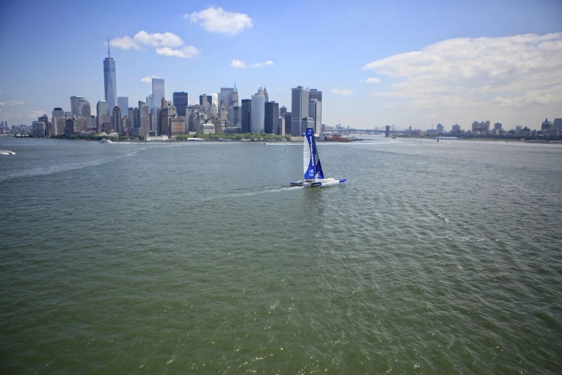 Armel Le Cléac'h and the Maxi Trimaran Solo Banque Populaire VII on stand by for the multihull North Atlantic solo record attempt, New York, Manhattan, United States of America.