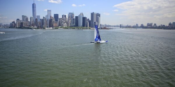 Armel Le Cléac'h and the Maxi Trimaran Solo Banque Populaire VII on stand by for the multihull North Atlantic solo record attempt, New York, Manhattan, United States of America.