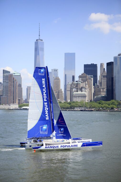 Armel Le Cléac'h and the Maxi Trimaran Solo Banque Populaire VII on stand by for the multihull North Atlantic solo record attempt, New York, Manhattan, United States of America.