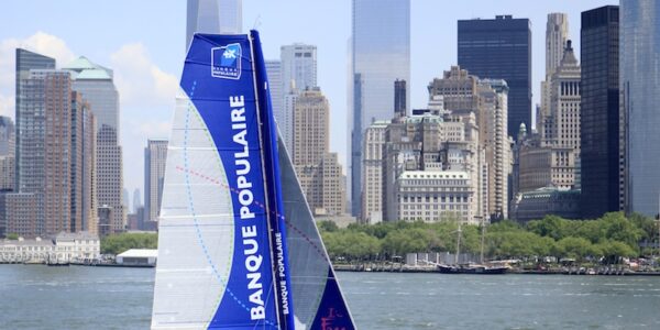 Armel Le Cléac'h and the Maxi Trimaran Solo Banque Populaire VII on stand by for the multihull North Atlantic solo record attempt, New York, Manhattan, United States of America.