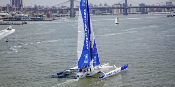 Armel Le Cléac'h and the Maxi Trimaran Solo Banque Populaire VII on stand by for the multihull North Atlantic solo record attempt, New York, Manhattan, United States of America.