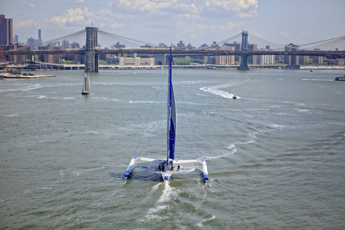 Armel Le Cléac'h and the Maxi Trimaran Solo Banque Populaire VII on stand by for the multihull North Atlantic solo record attempt, New York, Manhattan, United States of America.