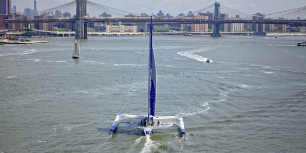 Armel Le Cléac'h and the Maxi Trimaran Solo Banque Populaire VII on stand by for the multihull North Atlantic solo record attempt, New York, Manhattan, United States of America.