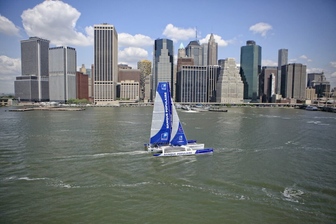 Armel Le Cléac'h and the Maxi Trimaran Solo Banque Populaire VII on stand by for the multihull North Atlantic solo record attempt, New York, Manhattan, United States of America.