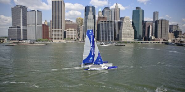 Armel Le Cléac'h and the Maxi Trimaran Solo Banque Populaire VII on stand by for the multihull North Atlantic solo record attempt, New York, Manhattan, United States of America.