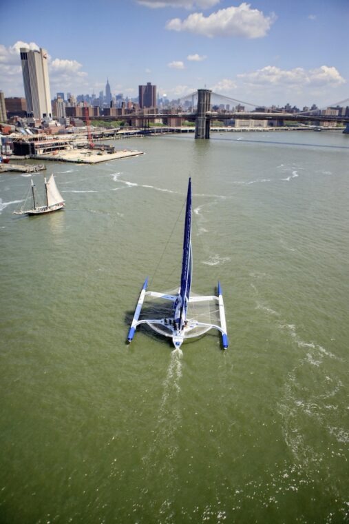 Armel Le Cléac'h and the Maxi Trimaran Solo Banque Populaire VII on stand by for the multihull North Atlantic solo record attempt, New York, Manhattan, United States of America.