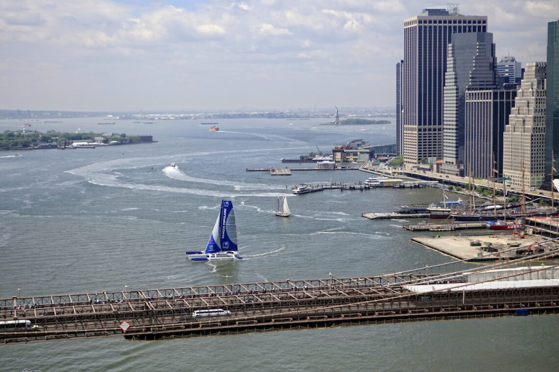 Armel Le Cléac'h and the Maxi Trimaran Solo Banque Populaire VII on stand by for the multihull North Atlantic solo record attempt, New York, Manhattan, United States of America.