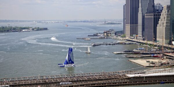 Armel Le Cléac'h and the Maxi Trimaran Solo Banque Populaire VII on stand by for the multihull North Atlantic solo record attempt, New York, Manhattan, United States of America.