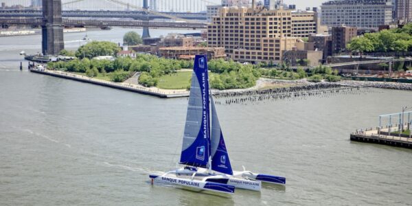 Armel Le Cléac'h and the Maxi Trimaran Solo Banque Populaire VII on stand by for the multihull North Atlantic solo record attempt, New York, Manhattan, United States of America.