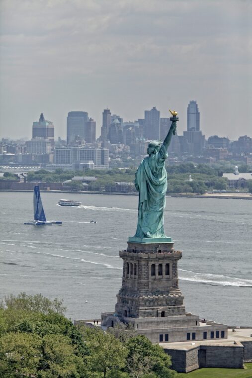 Armel Le Cléac'h and the Maxi Trimaran Solo Banque Populaire VII on stand by for the multihull North Atlantic solo record attempt, New York, Manhattan, United States of America.