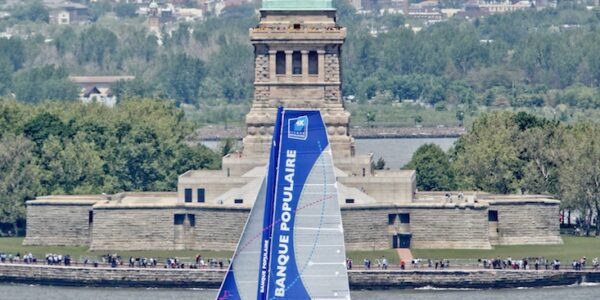 Armel Le Cléac'h and the Maxi Trimaran Solo Banque Populaire VII on stand by for the multihull North Atlantic solo record attempt, New York, Manhattan, United States of America.