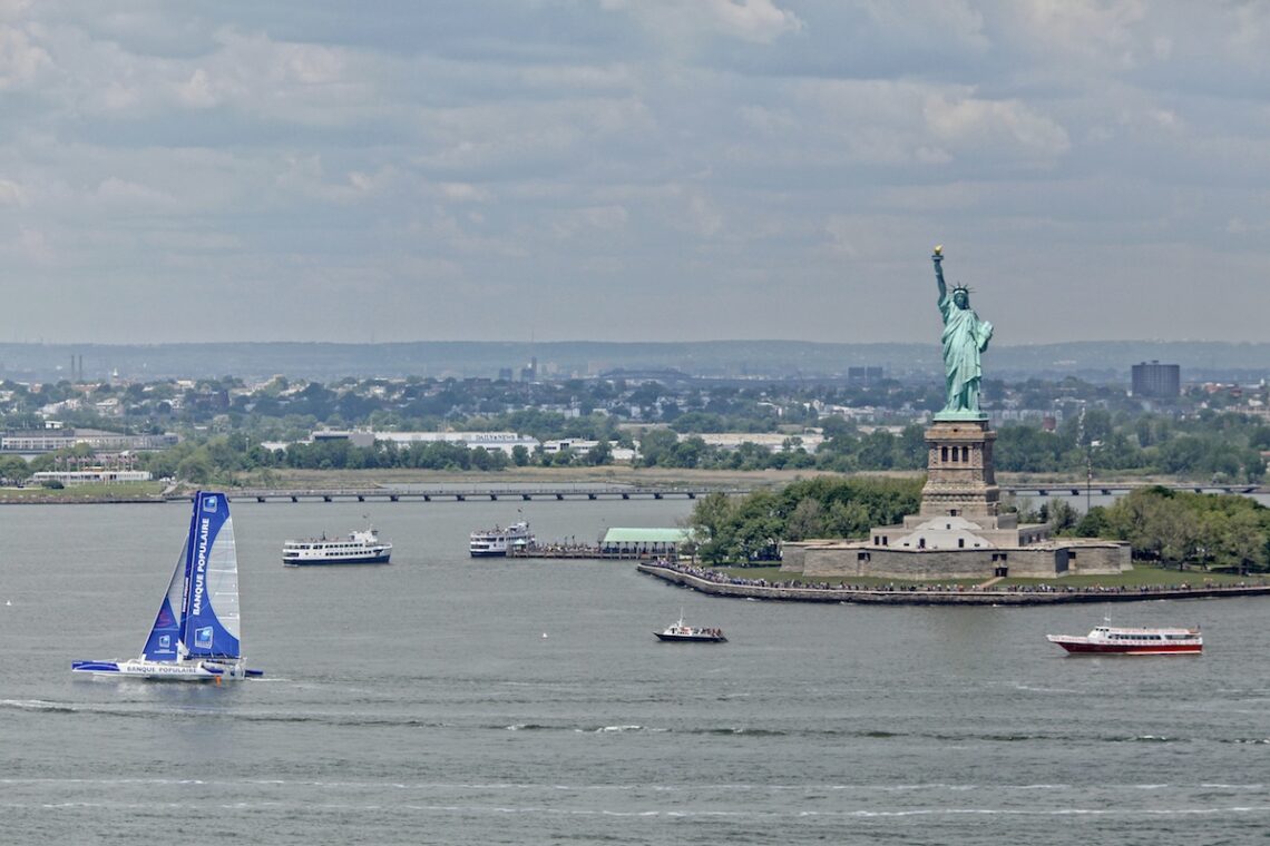 Armel Le Cléac'h and the Maxi Trimaran Solo Banque Populaire VII on stand by for the multihull North Atlantic solo record attempt, New York, Manhattan, United States of America.