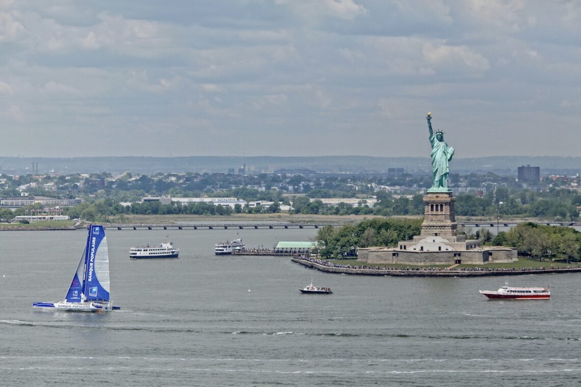 Armel Le Cléac'h and the Maxi Trimaran Solo Banque Populaire VII on stand by for the multihull North Atlantic solo record attempt, New York, Manhattan, United States of America.