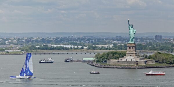 Armel Le Cléac'h and the Maxi Trimaran Solo Banque Populaire VII on stand by for the multihull North Atlantic solo record attempt, New York, Manhattan, United States of America.