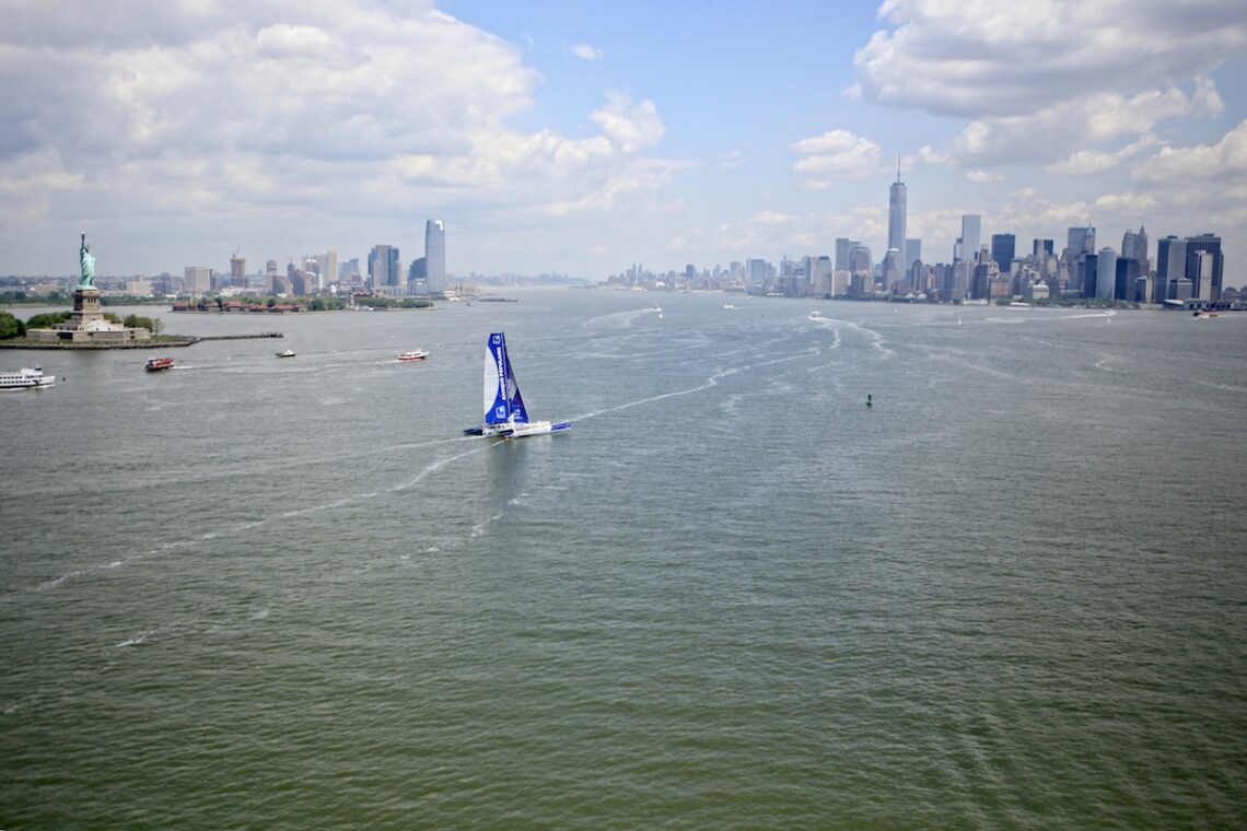 Armel Le Cléac'h and the Maxi Trimaran Solo Banque Populaire VII on stand by for the multihull North Atlantic solo record attempt, New York, Manhattan, United States of America.