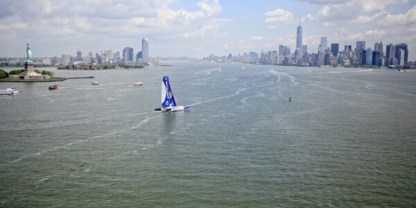 Armel Le Cléac'h and the Maxi Trimaran Solo Banque Populaire VII on stand by for the multihull North Atlantic solo record attempt, New York, Manhattan, United States of America.