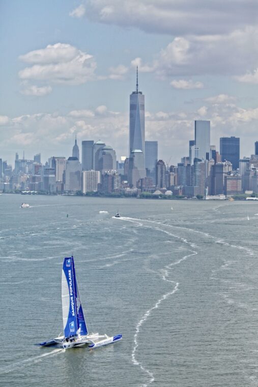 Armel Le Cléac'h and the Maxi Trimaran Solo Banque Populaire VII on stand by for the multihull North Atlantic solo record attempt, New York, Manhattan, United States of America.