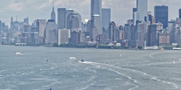 Armel Le Cléac'h and the Maxi Trimaran Solo Banque Populaire VII on stand by for the multihull North Atlantic solo record attempt, New York, Manhattan, United States of America.