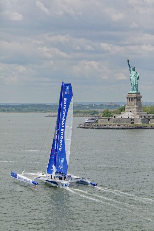 Armel Le Cléac'h and the Maxi Trimaran Solo Banque Populaire VII on stand by for the multihull North Atlantic solo record attempt, New York, Manhattan, United States of America.