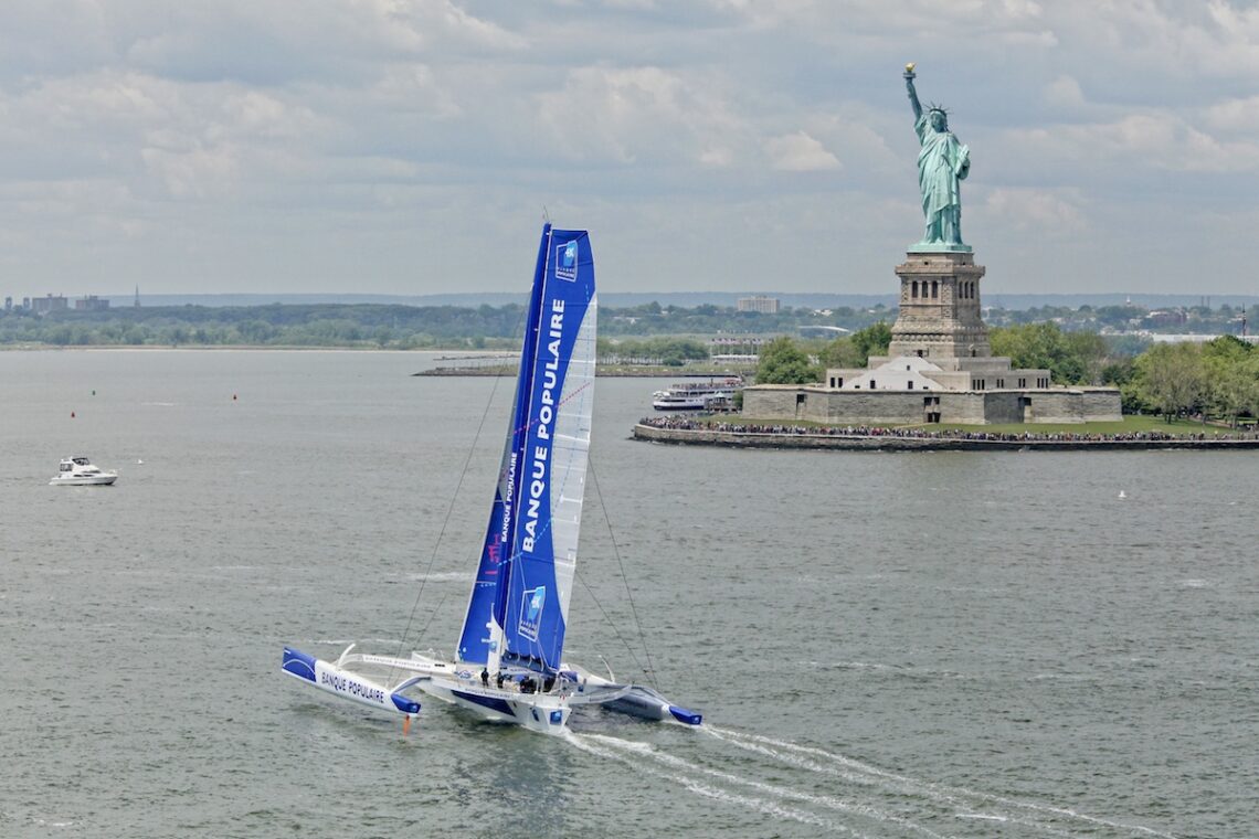 Armel Le Cléac'h and the Maxi Trimaran Solo Banque Populaire VII on stand by for the multihull North Atlantic solo record attempt, New York, Manhattan, United States of America.