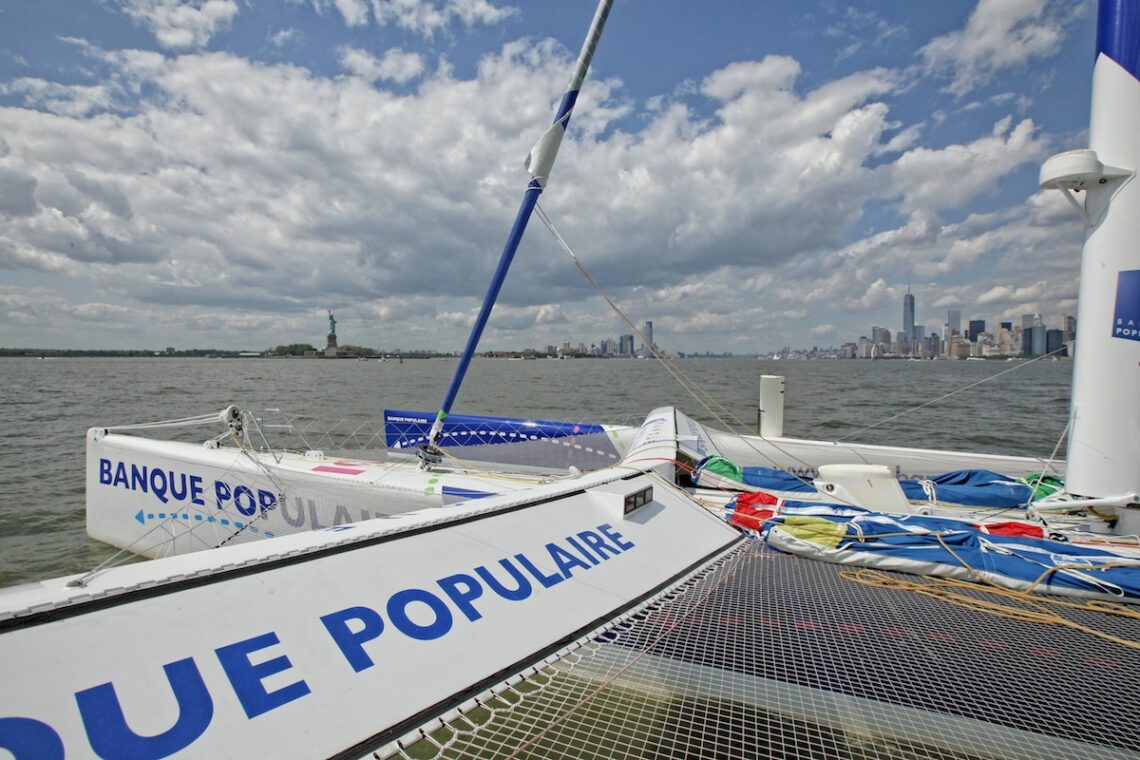 Armel Le Cléac'h and the Maxi Trimaran Solo Banque Populaire VII on stand by for the multihull North Atlantic solo record attempt, New York, Manhattan, United States of America.