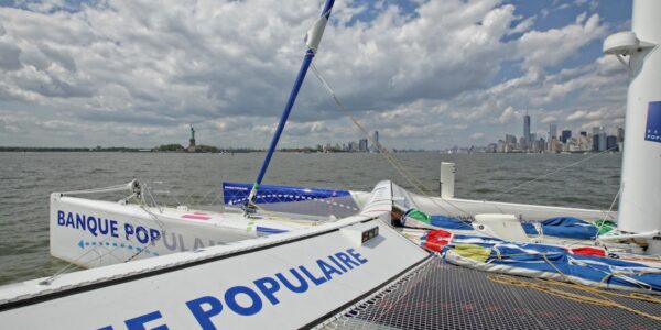 Armel Le Cléac'h and the Maxi Trimaran Solo Banque Populaire VII on stand by for the multihull North Atlantic solo record attempt, New York, Manhattan, United States of America.