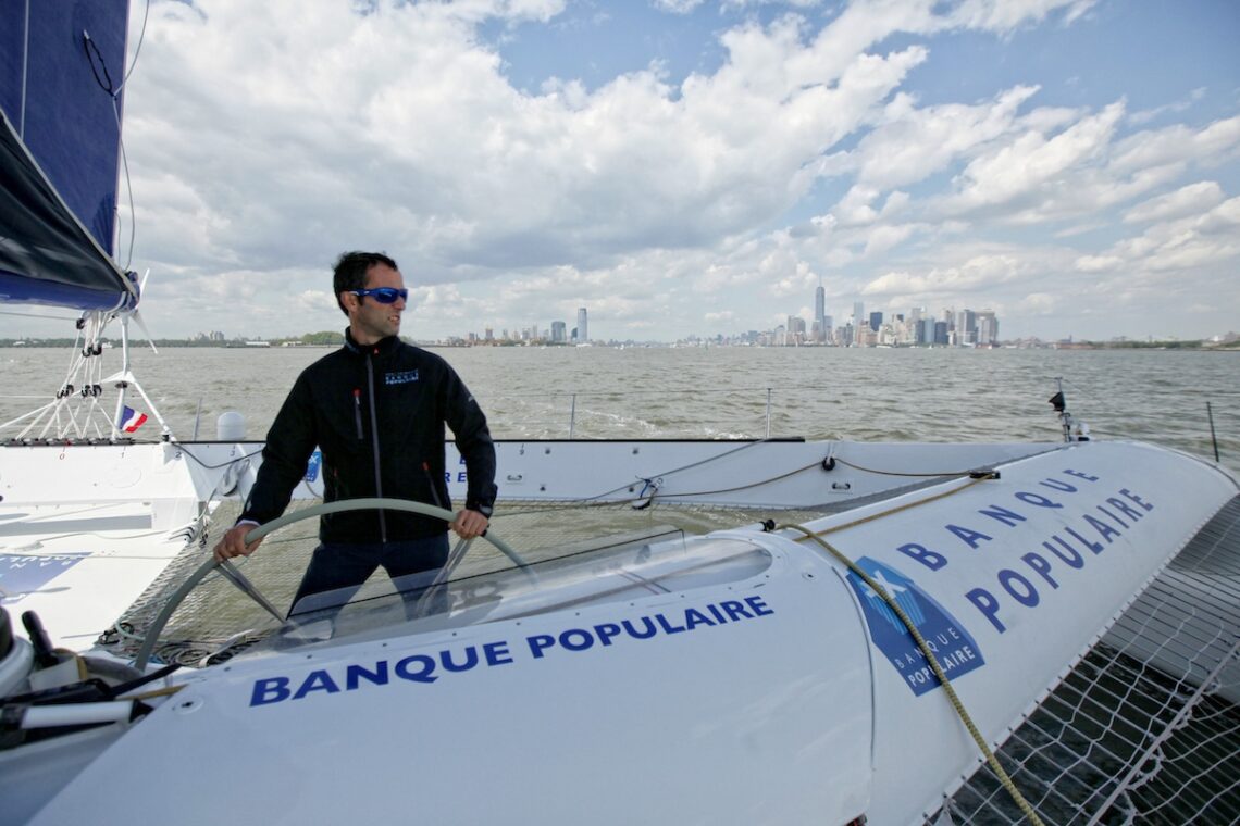 Armel Le Cléac'h and the Maxi Trimaran Solo Banque Populaire VII on stand by for the multihull North Atlantic solo record attempt, New York, Manhattan, United States of America.