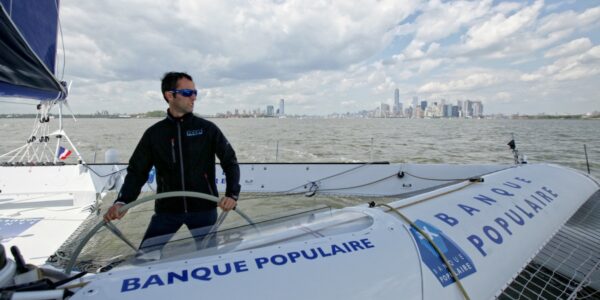 Armel Le Cléac'h and the Maxi Trimaran Solo Banque Populaire VII on stand by for the multihull North Atlantic solo record attempt, New York, Manhattan, United States of America.