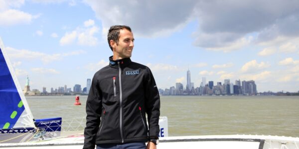 Armel Le Cléac'h and the Maxi Trimaran Solo Banque Populaire VII on stand by for the multihull North Atlantic solo record attempt, New York, Manhattan, United States of America.