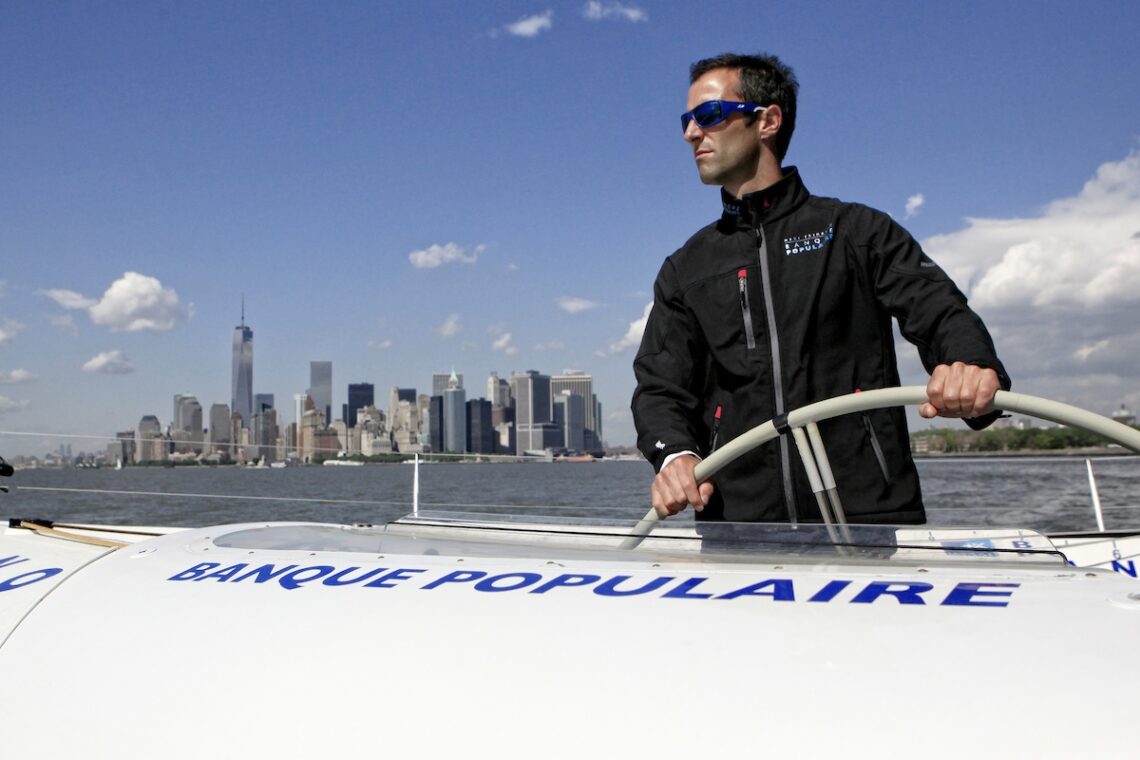 Armel Le Cléac'h and the Maxi Trimaran Solo Banque Populaire VII on stand by for the multihull North Atlantic solo record attempt, New York, Manhattan, United States of America.