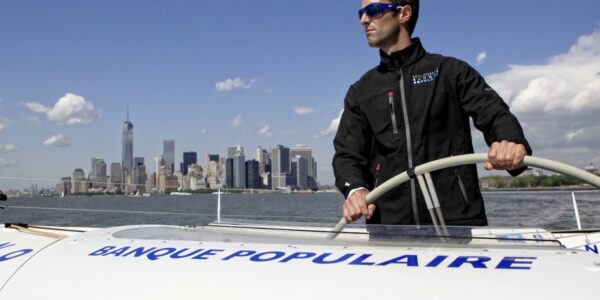 Armel Le Cléac'h and the Maxi Trimaran Solo Banque Populaire VII on stand by for the multihull North Atlantic solo record attempt, New York, Manhattan, United States of America.