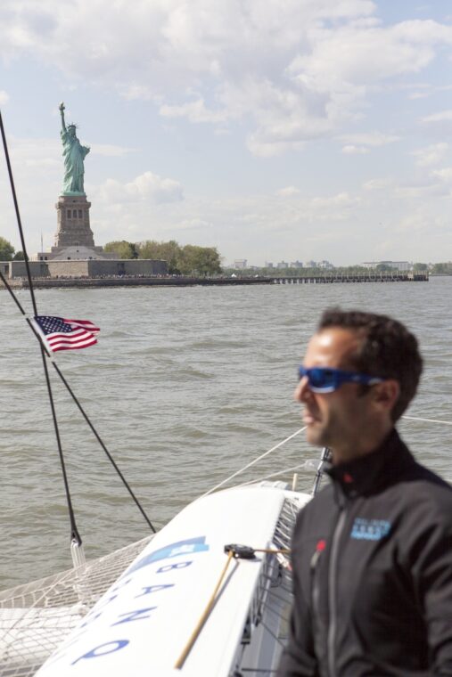 Armel Le Cléac'h and the Maxi Trimaran Solo Banque Populaire VII on stand by for the multihull North Atlantic solo record attempt, New York, Manhattan, United States of America.