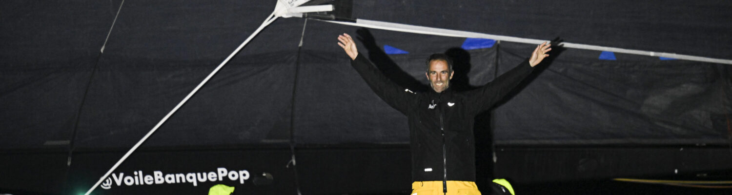 3rd March 2024. Brest. France. The Arkéa Ultim Challenge Brest.
Maxi Banque Populaire XI / skippered by Armel Le Cleac’h (FRA) crossing the line and pictured finishing 3rd 

Photo Vincent Curutchet / BPCE / Aléa