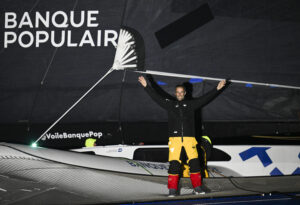 3rd March 2024. Brest. France. The Arkéa Ultim Challenge Brest.
Maxi Banque Populaire XI / skippered by Armel Le Cleac’h (FRA) crossing the line and pictured finishing 3rd 

Photo Vincent Curutchet / BPCE / Aléa