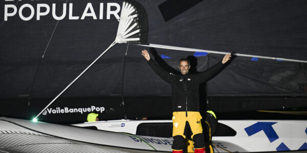 3rd March 2024. Brest. France. The Arkéa Ultim Challenge Brest.
Maxi Banque Populaire XI / skippered by Armel Le Cleac’h (FRA) crossing the line and pictured finishing 3rd 

Photo Vincent Curutchet / BPCE / Aléa