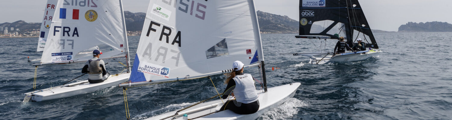 15/04/2024, Marseille (FRA), présentation des sélectionnés olympiques français en voile pour les Jeux Olympiques de Paris 2024.  Alex Mazella (Kite hommes - Formula Kite); Laurianne Nolot (Kite femmes - Formula Kite); Nicolas Goyard (Planche à voile hommes - iQFoil); Hélène Noesmoen (Planche à voile femmes- iQFoil); Camille Lecointre-Jeremie Mion (dériveur double mixte - 470); Louise Cervera (Dériveur femmes - ILCA 6); Jean-Baptiste Bernaz (Dériveur hommes - ILCA 7); Tim Mourniac - Lou Berthomieu (Multicoque mixte - Nacra 17); Clément Péquin - Erwan Fischer (Skiff hommes - 49er); Sarah Steyaert-Charline Picon (Skiff femmes - 49er FX).