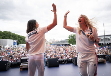 Charline Picon and Sarah Stewart attends the Medal Party during the Olympic Games Paris 2024, at Club France, La Grande Halle de la Villette, in Paris, France, on August 03, 2024, Photo Amelie Laurin / KMSP || 001567_0062  SPORT MEDAL CELEBRATION MEDAILLE OLYMPIC GAMES JEUX OLYMPIQUES PARIS 2024 2024